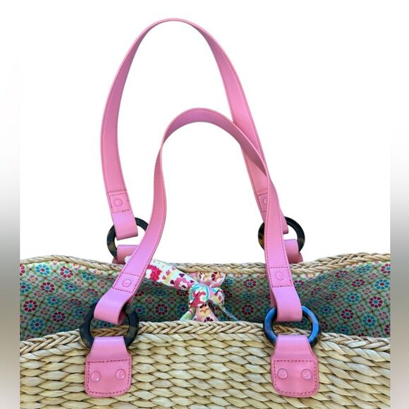 Vera Bradley Straw Tote Retired Capri Melon Beach Bag Pink Strap Paisley Summer - Picture 6 of 15